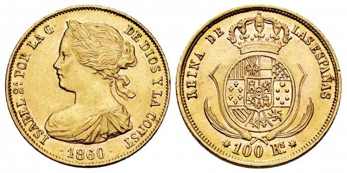 Cy16468G.- ISABEL II 100 REALES 1860 Seville. EBC -ORO