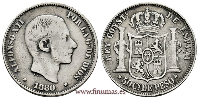 Cy16639.- ALFONSO XII 50 Ctm. Peso 1880 Manila - BC+