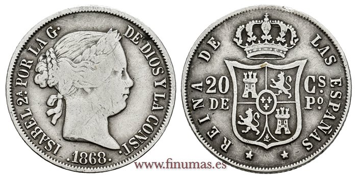 Cy16176.-ISABEL II - 20 Ctm. de peso 1868 Manila - BC+