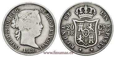 Cy16176.-ISABEL II - 20 Ctm. de peso 1868 Manila - BC+