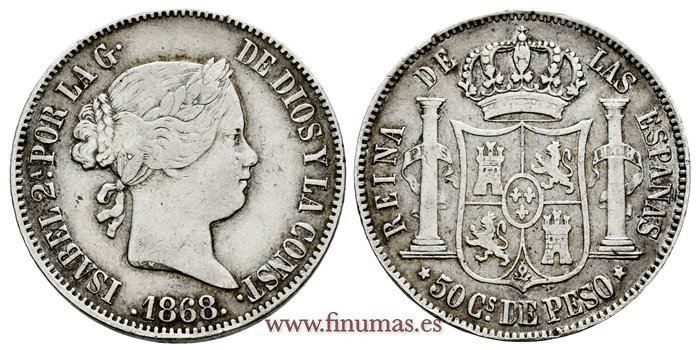 Cy16246.-ISABEL II - 50 Ctm. de peso 1868 Manila - MBC