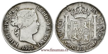 Cy16246.-ISABEL II - 50 Ctm. de peso 1868 Manila - MBC