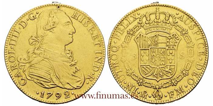 Cy13641C.- CARLOS IV  8 Escudos 1792 MEXICO  F.M. - JOYA.  ORO.