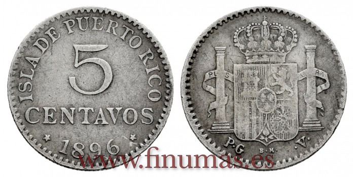 Cy16715.- ALFONSO XIII 5 Centavos 1896 Puerto Rico PGV.- MBC .