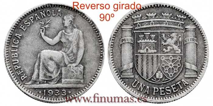 Cy16743.rg.-  II REPUBLICA - 1 Peseta 1933 (---) Reverso girado 90º - MBC+.