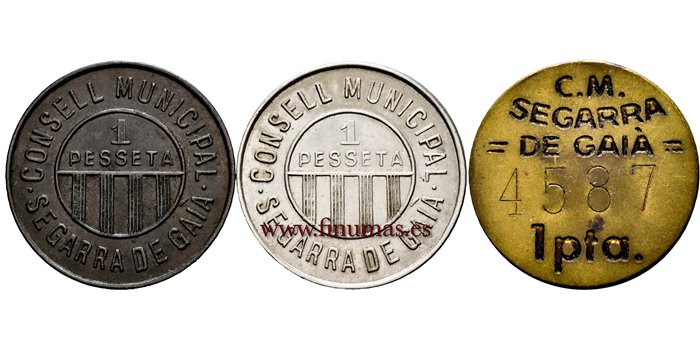 Cy16795.- GUERRA CIVIL - SEGARRA DE GAIA. SERIE 3 monedas 1 Peseta 1937.- MBC+