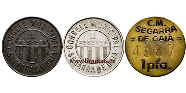Cy16795.- GUERRA CIVIL - SEGARRA DE GAIA. SERIE 3 monedas 1 Peseta 1937.- MBC+