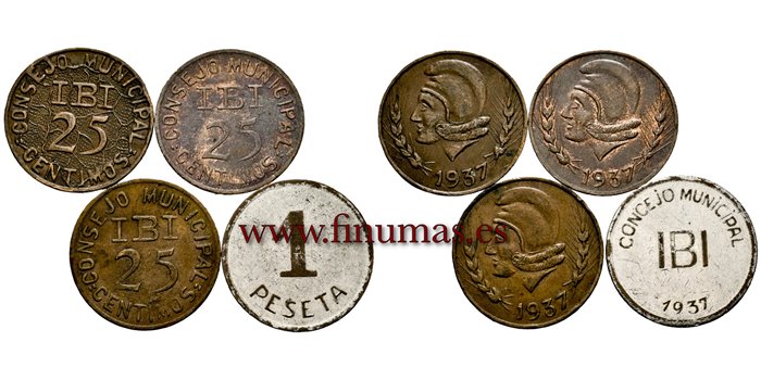 Cy16783.- GUERRA CIVIL - IBI  4 piezas  1937. Latón y niquel.- EBC
