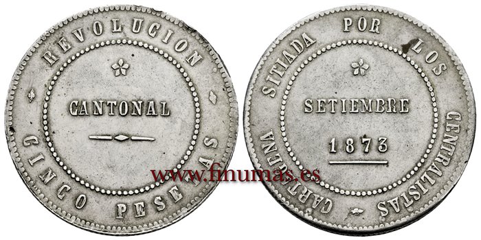 Cy16528.- G.P  Y I REPUBLICA - 5 Pesetas 1873 Cartagena. - MBC+