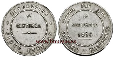 Cy16528.- G.P  Y I REPUBLICA - 5 Pesetas 1873 Cartagena. - MBC+