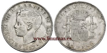 Cy16722-4.- ALFONSO XII Un Peso 1897 Filipinas- EBC