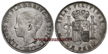 Cy16722-5.- ALFONSO XII Un Peso 1897 Filipinas- EBC-
