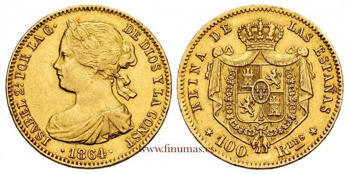 Cy16481.- ISABEL II 100 REALES 1864 MADRID  EBC-  ORO