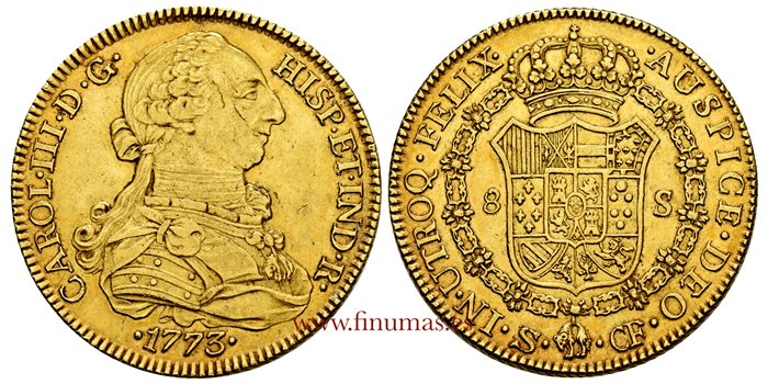 Cy12046.- CARLOS III 8 ESCUDOS 1773 SEVILLA CF. EBC. VARIANTE - ORO