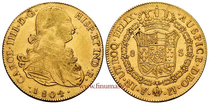 Cy13742.- CARLOS IV 8 Escudos 1804 POTOSI P.J. EBC.  Oro