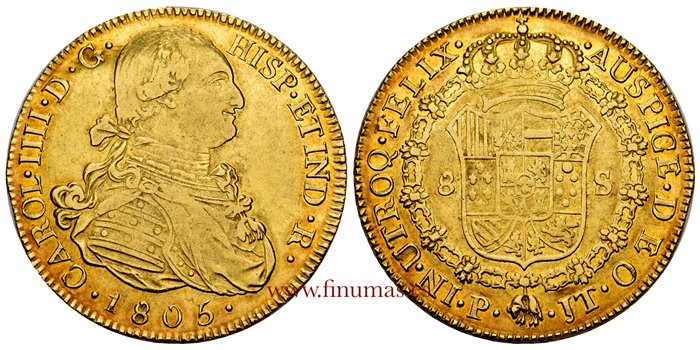 Cy13754.- CARLOS IV 8 Escudos 1805 POPAYAN J.T EBC.  Oro