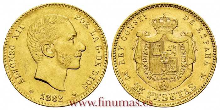 Cy16611H.- ALFONSO XII - 25 Pesetas oro 1882 sobre 81 (18-*) MSM. EBC+