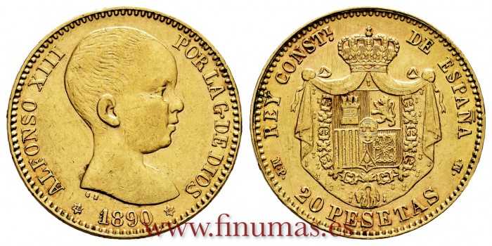 copy of ALFONSO XIII - 20 pesetas 1890 (18-90) MPM. S.C.  B.O. - GOLD