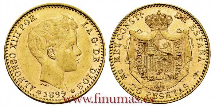 Cy16712I.- ALFONSO XIII  20 pts 1899 *18*99 MPM Madrid. EBC+. R.B.O.  ORO