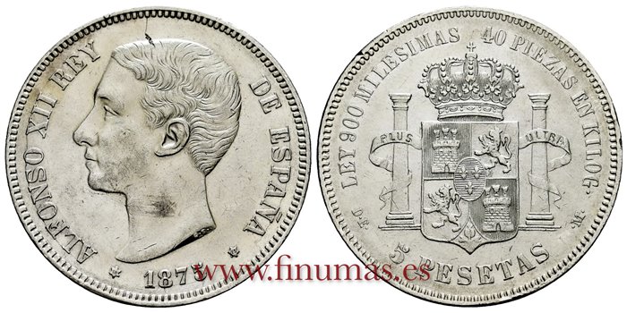 Cy16580H.- ALFONSO XII 5 Pesetas 1875 (18-75) DEM.-EBC