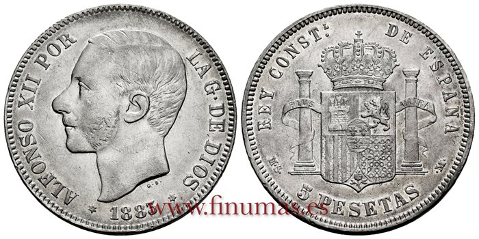Cy16590I.- ALFONSO XII 5 Pesetas 1883 (18-83) MSM.- EBC+