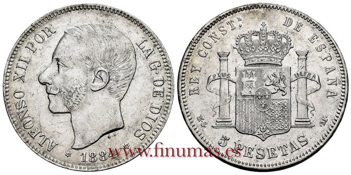 Cy16591H.- ALFONSO XII 5 Pesetas 1884 (18-84) MSM.- EBC-