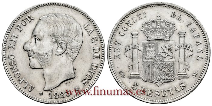 Cy16594F.- ALFONSO XII 5 Pesetas 1885 (18-86) MSM.- MBC+