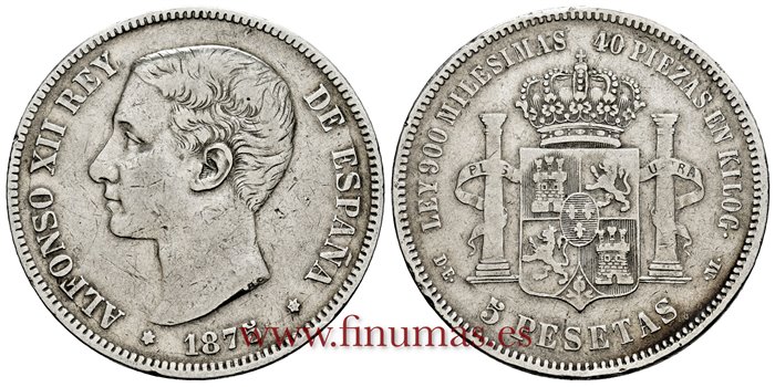 Cy16580E.- ALFONSO XII 5 Pesetas 1875 (18-75) DEM. Variante  oreja rayada.-MBC