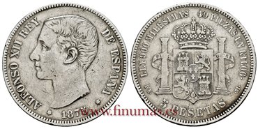 Cy16580E.- ALFONSO XII 5 Pesetas 1875 (18-75) DEM. Variante  oreja rayada.-MBC