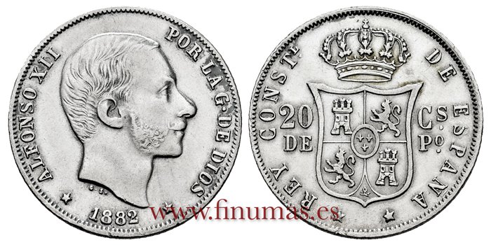 Cy16626H.- ALFONSO XII 20 Ctm. de Peso 1882 Manila - EBC