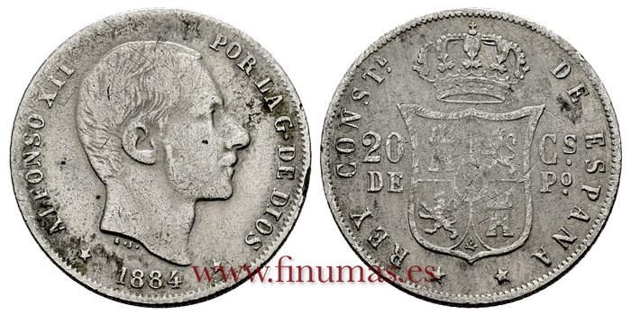 Cy16628B.- ALFONSO XII 20 Ctm. de Peso 1884 Manila - RC