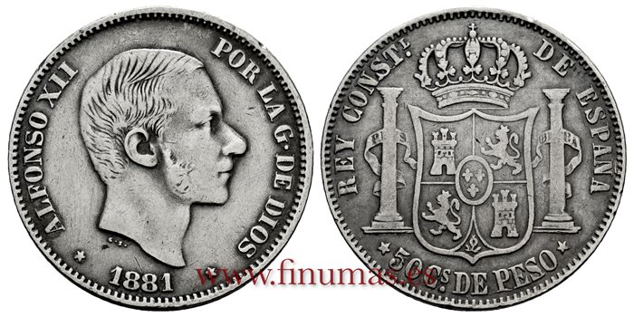 Cy16631C.- ALFONSO XII 50 Ctm. de Peso 1881 Manila - BC 