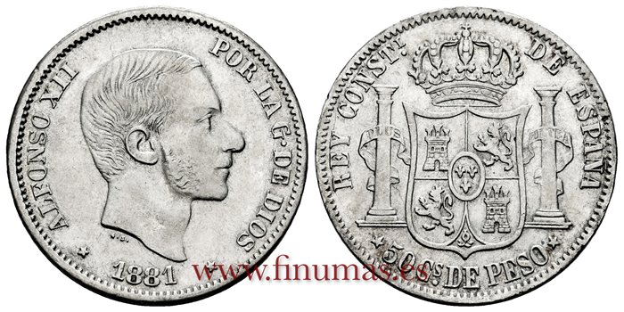 Cy16631E.- ALFONSO XII 50 Ctm. de Peso 1881 Manila - MBC 