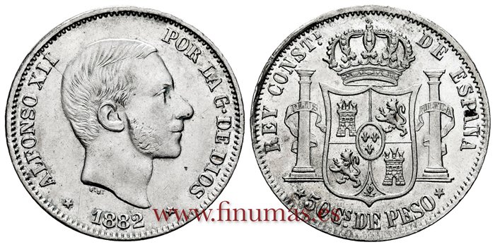 Cy16633H.- ALFONSO XII 50 Ctm. de Peso 1882 Manila - EBC 