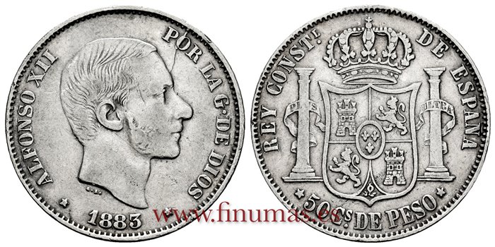 Cy16635D.- ALFONSO XII 50 Ctm. de Peso 1883 Manila - MBC- 