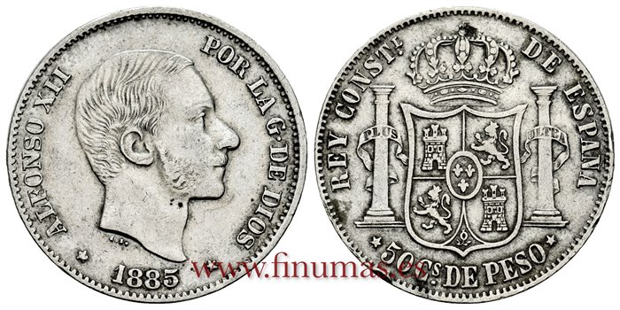 Cy16638E.- ALFONSO XII 50 Ctm. de Peso 1885 Manila - MBC 