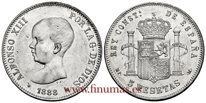 Cy16693I.- ALFONSO XIII 5 Pesetas 1888 (18-88) MPM - EBC+.  B.O