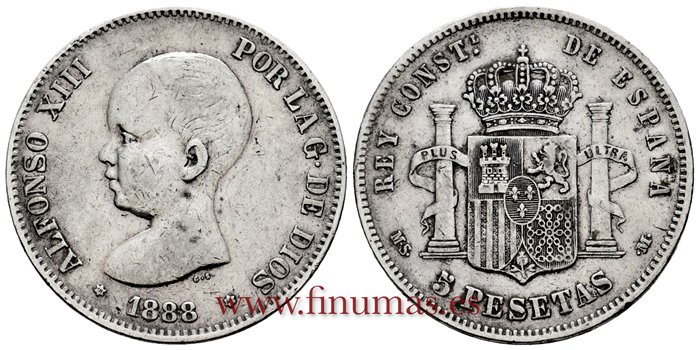 Cy16694E.- ALFONSO XIII 5 Pesetas 1888 (18-88) MSM - MBC