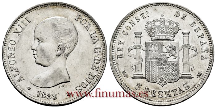 Cy16695G.- ALFONSO XIII 5 Pesetas 1889 (18-89) MPM - EBC-