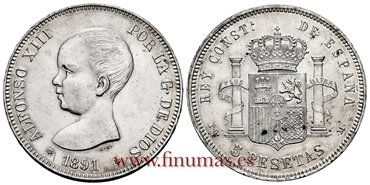 Cy16698H.- ALFONSO XIII 5 Pesetas 1891 (18-91) PGM - EBC