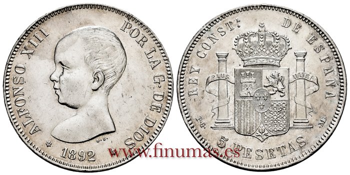 Cy16699H.- ALFONSO XIII 5 Pesetas 1892 (18-92) Pelon PGM - EBC 