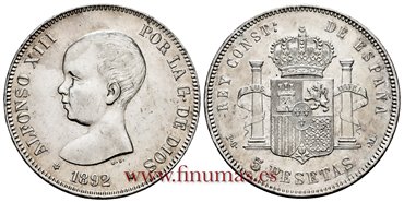 Cy16699H.- ALFONSO XIII 5 Pesetas 1892 (18-92) Pelon PGM - EBC 