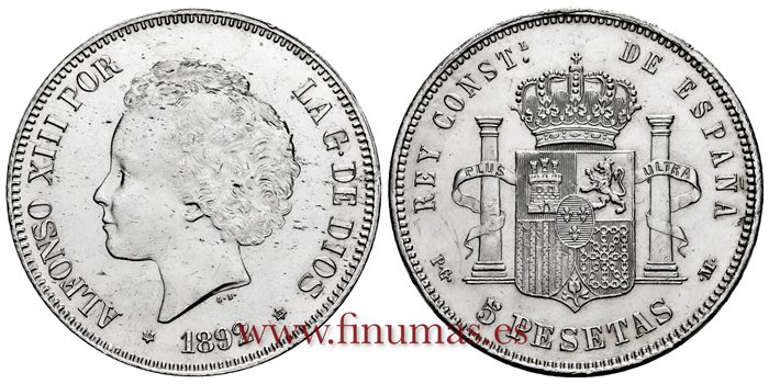 Cy16700I.- ALFONSO XIII 5 Pesetas 1892 (18-92) Bucles PGM - EBC +