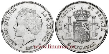 Cy16700I.- ALFONSO XIII 5 Pesetas 1892 (18-92) Bucles PGM - EBC +