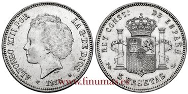 Cy16701H.- ALFONSO XIII 5 Pesetas 1893 (18-93) Bucles PGL - EBC 