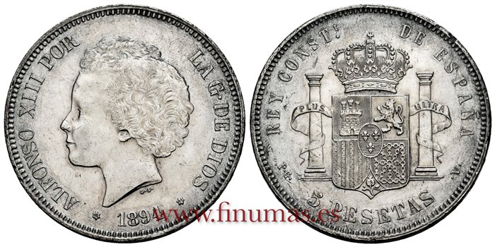 Cy16703H.- ALFONSO XIII 5 Pesetas 1894 (18-94) Bucles PGV - EBC 