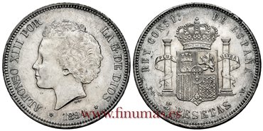 Cy16703H.- ALFONSO XIII 5 Pesetas 1894 (18-94) Bucles PGV - EBC 