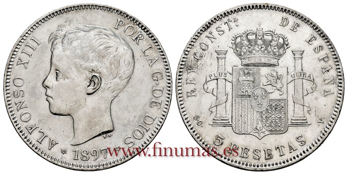 Cy16706F.- ALFONSO XIII 5 Pesetas 1897 (18-97)  SGV - MBC+ 