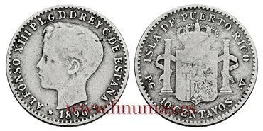 Cy16716C.- ALFONSO XIII 10 Ctm. Peso 1896 Puerto Rico PGV - BC 