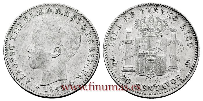 Cy16717F.- ALFONSO XIII 20 Ctm. Peso 1895 Puerto Rico PGV - MBC+ 